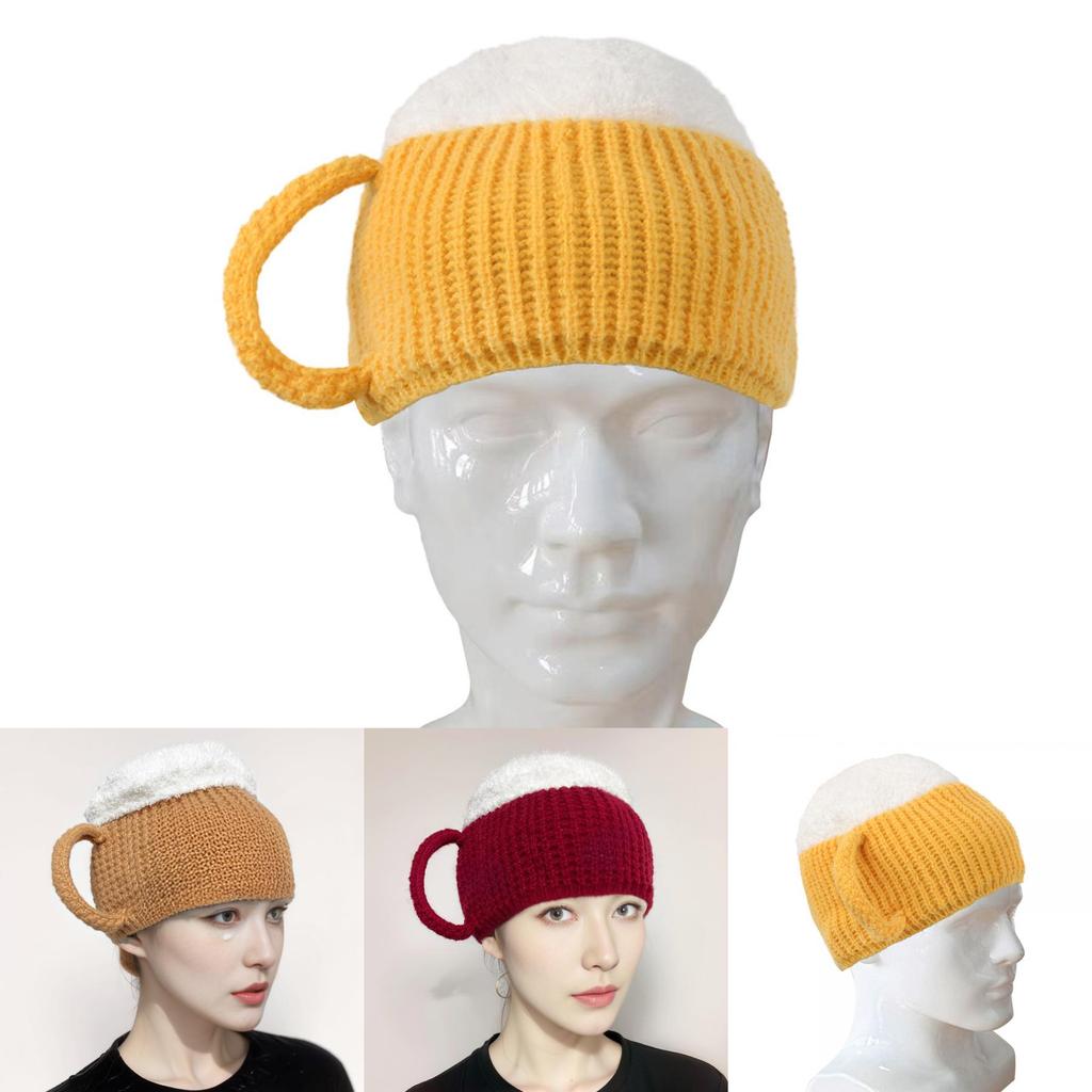 Trendy 3d Beer Cup Knitted Beanie Hat For Winter Warmth In Yellow Wine Red And Khaki