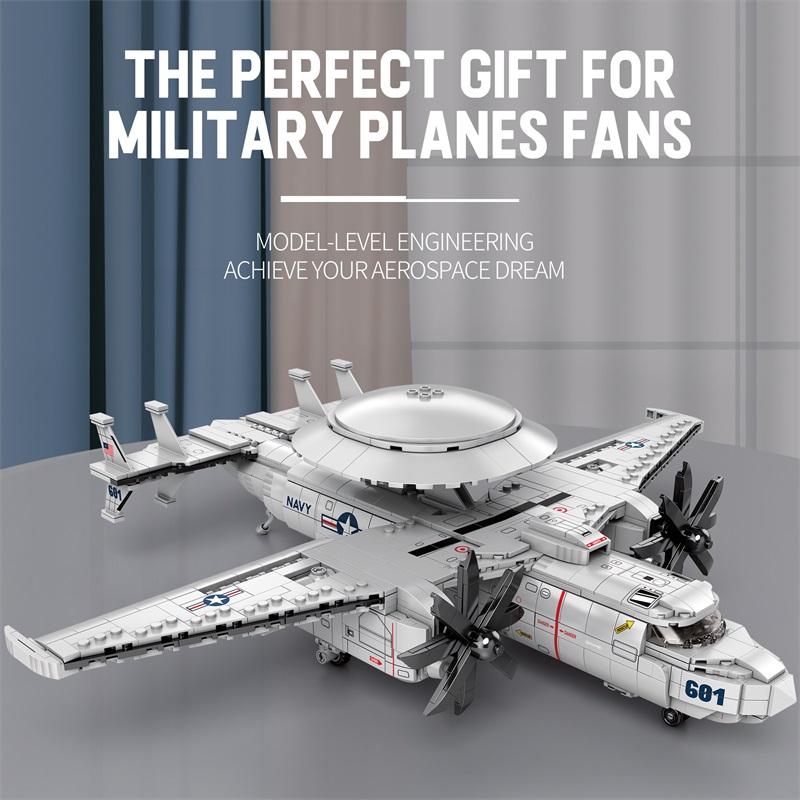 Non-Toxic 1126Cs E2 Early Warning Aircraft Building Blocks Military Air Force Fighter Plane Model Bricks Desktop Ornaments Kids Toys Gift