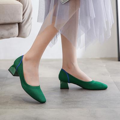 Single Shoe Block Heeled Mesh Square Toe Shallow Casual Heel Woven Heel Woman