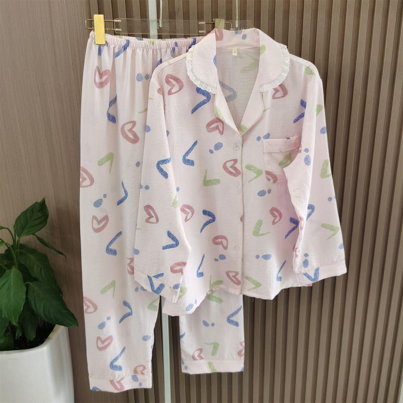 

Spring and Autumn New Arrival Pajamas Women s Cloud Cotton Long Sleeves Thin Fancy Homewear Two-piece Set Can Be Outer Wear Trousers Pink 2 XXL