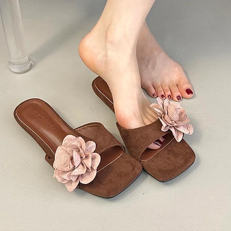 Fashion Flower Women Slippers Flats Summer Fashion Sandals New Shoes 2025 Woman Casual Square Toe Shoes Brand Trend Zapatillas De Mujer