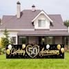 Happy 50th Wedding Anniversary Banner Decorations, Black Gold 50th Anniversary Sign Party Supplies, Photo Booth for Outdoor Indoor
