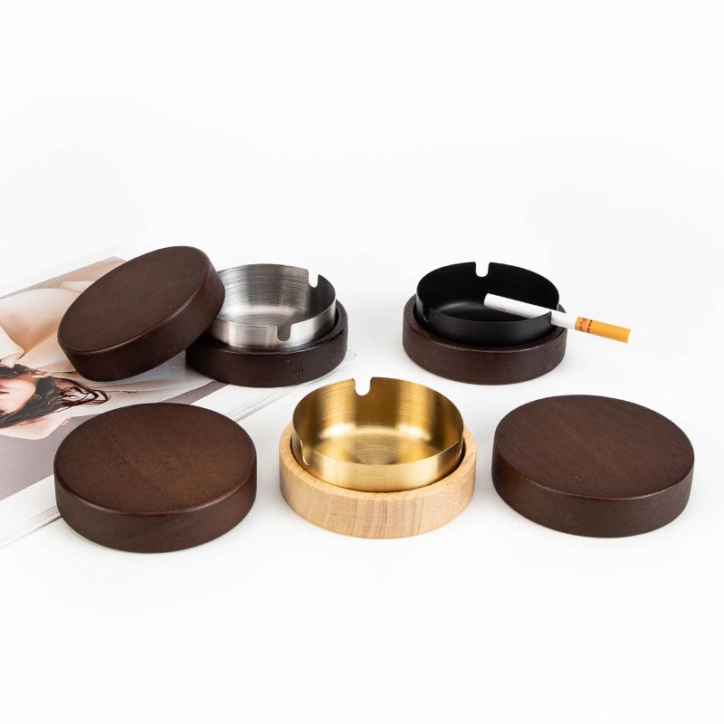 Walnut Wood Ashtray with Lid - Stainless Steel, High-End Design for Home or Office Use, Anti-Ash Flying