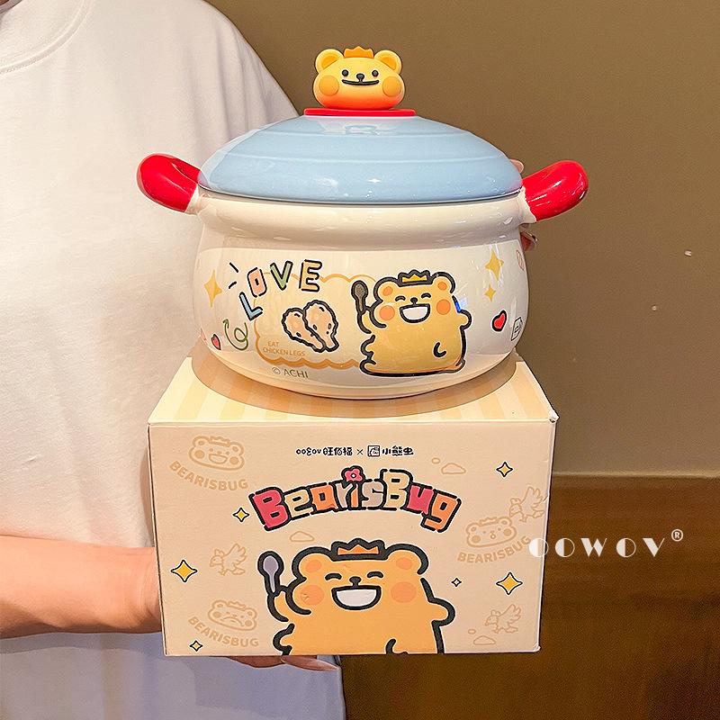 

Bear bug ceramic binaural with handle instant noodle bowl 2025 new high-value soup bowl with lid student dormitory tableware синій