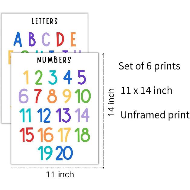 Educational Learning Posters for Toddlers & Kids – 11"×14 "Alphabet,Numbers,Colours,Shapes,Days of the Week & Months – Educational Wall Charts