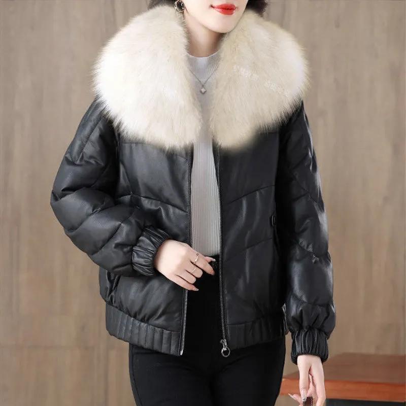 

Короткая пуховая хлопковая куртка женская осенне-зимняя утолщенная с воротником из искусственного лисьего меха кожаные хлопковые куртки женское мотоциклетное пальто 4XL чёрный