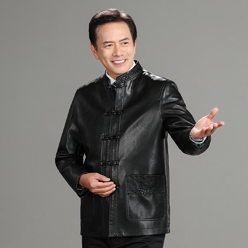Middle-aged and elderly men's clothing Chinese ethnic style Tang suit embroidered disc buckle men's leather jacket dad grandfather clothing