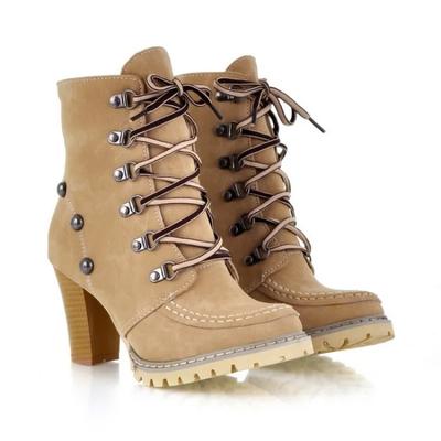 Fashion Women Boots High Heels Lace Up Female Shoes Round Toe Luxury Designer Rivets Stiletto Large Size Rock Rubber Mid Calf Ladies Mid