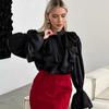 Fashion Style Ruffles Stand Collar Single-Breasted Shirt Bell Sleeve Loose Tops Flared Sleeve Shirt
