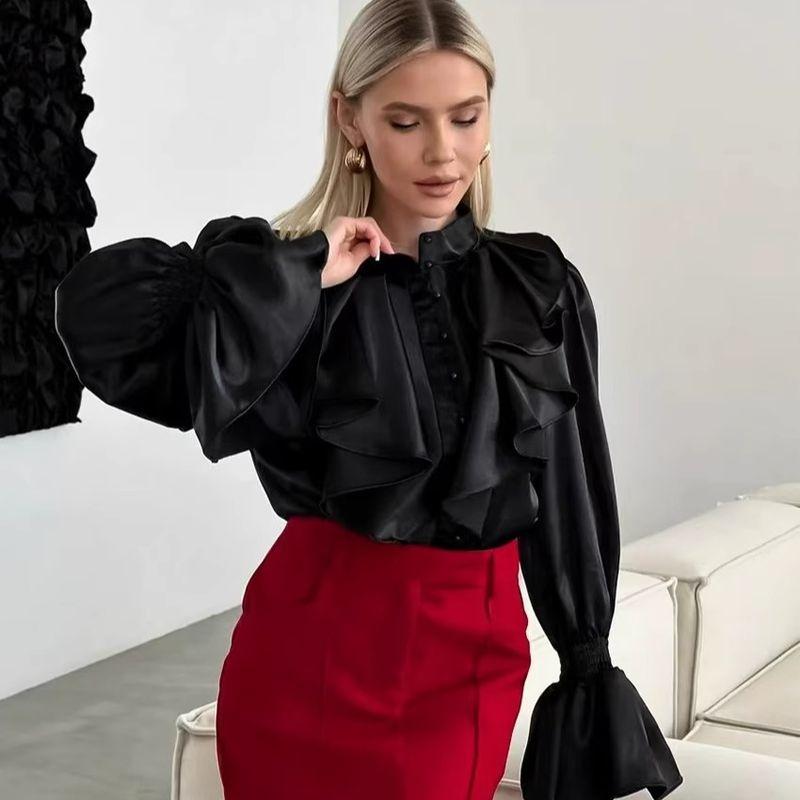 Fashion Style Ruffles Stand Collar Single-Breasted Shirt Bell Sleeve Loose Tops Flared Sleeve Shirt