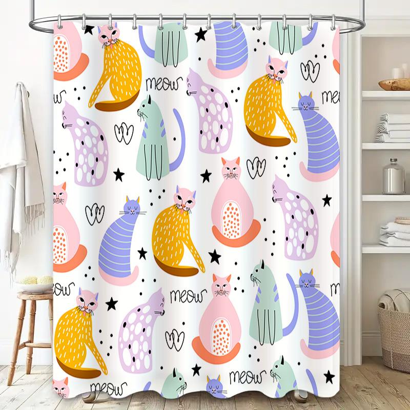 Colorful Cats Shower Curtain Fun Animal Print Bath Decor for Kids Room 180gsm Polyester Fabric with Hooks Included (White)