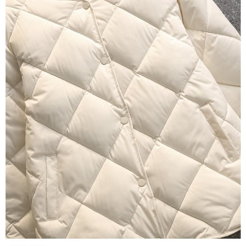 Women's Short Cotton Jacket, Diamond Patterned Down, Collarless, Winter Coat, Slim Fit Long Sleeved Pocket Details