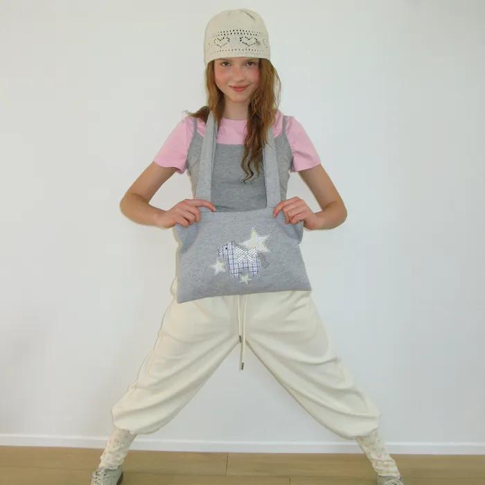 RIBBON PONY APPLIQUE SWEAT SHOULDER BAG GREY