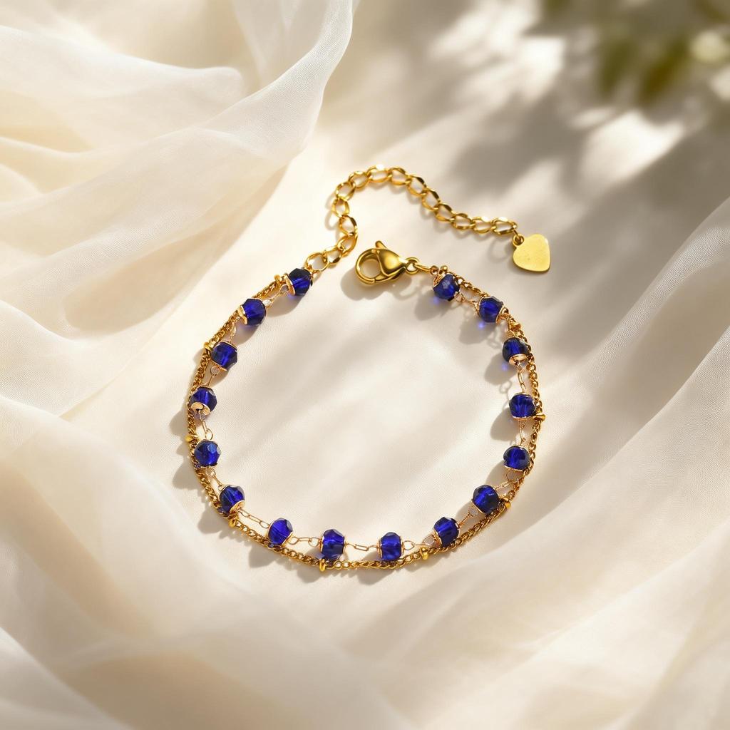 Boho Blue Crystal Beads Bracelets for Women Double Layer Thin Link Stainless Steel Bracelet Fashion Elegant Jewelry Gifts
