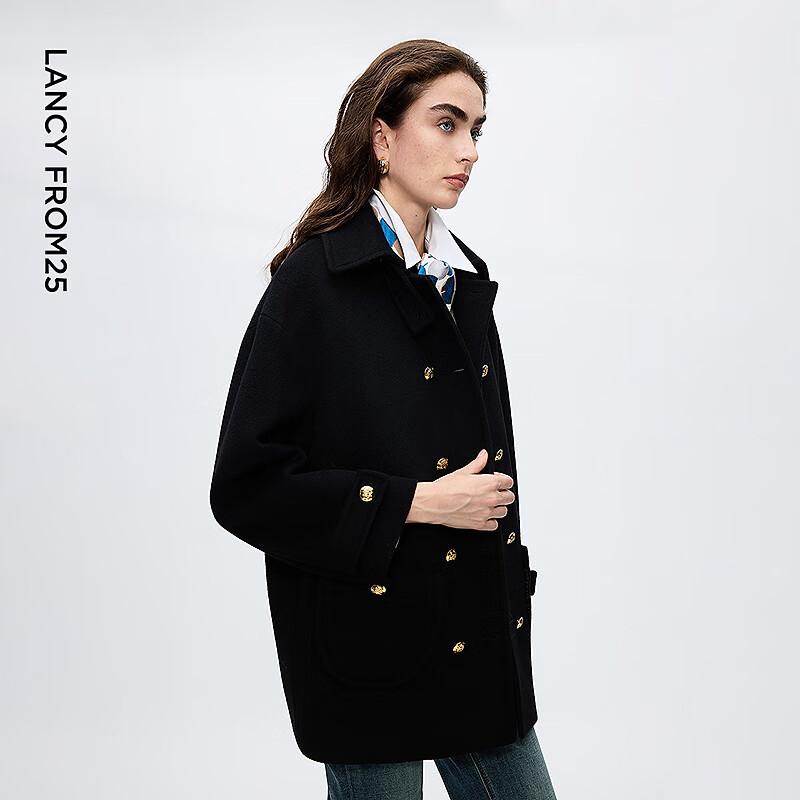 LANGZI Women's Vintage Preppy Wool Blend Double-Breasted Overcoat