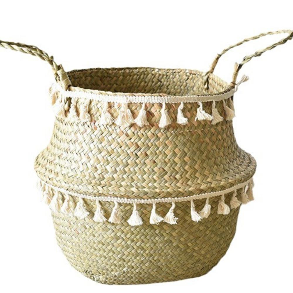 With Handle Wicker Basket Tassel Design Hand Woven Basket Handmade Rattan Basket  Home Decor