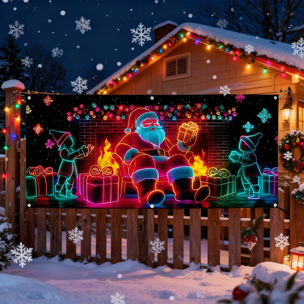 Aktivovaný Vánoční Banner na Kryt Garážových Vrat, Svítí ve Tmě, Kreslený Design Santa Clause, Venkovní Vnitřní Party Dekorace