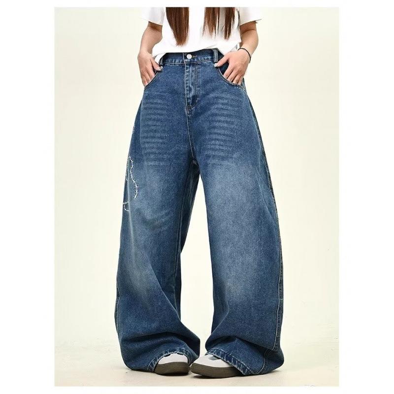 Джинсы JYL Унисекс Широкие Американский Винтаж Вышивка Розами В Пол Длины Джинсовые Для Пары 2XL бездна