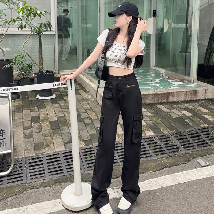 

Рабочие брюки для женщин на осень. Повседневные брюки прямого кроя с высокой талией для женщин. Рабочие брюки в уличном стиле с несколькими карманами для женщин на осень. L