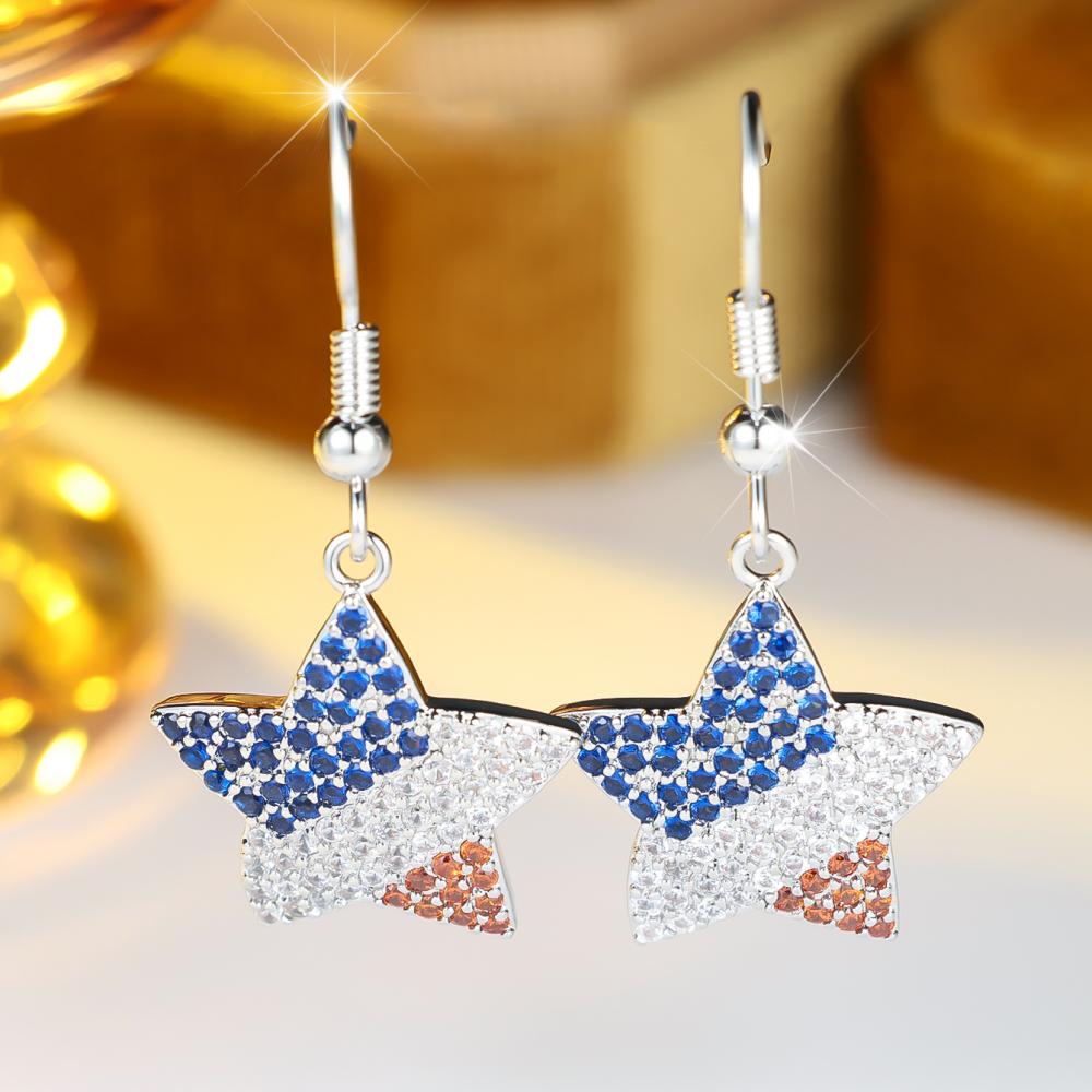 Chic Star Dangle Earrings for Women Silver Blue White Orange Color Full Zircon Geometric Jewelry Party Gift