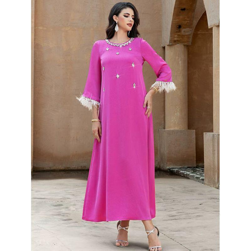 Middle East Satin Bead Stitching Feather Robe Dress Nail Bead Spliced Feather Dres