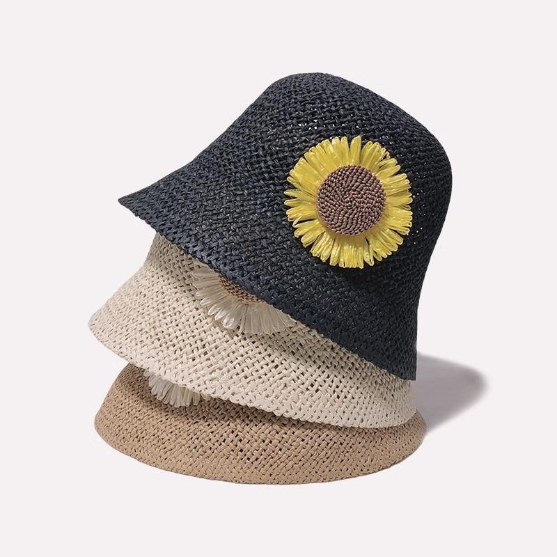 Hat Summer Women's New Summer Bucket Hat Straw Woven Sunflower Straw Hat Bucket Hat Seaside Sun Protection Hat