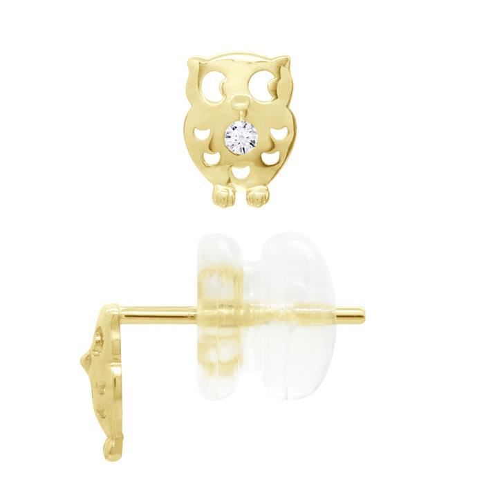 Boucles d'Oreilles Fantaisie - Chouette - Serties d'Oxydes de Zirconiums - Or Jaune