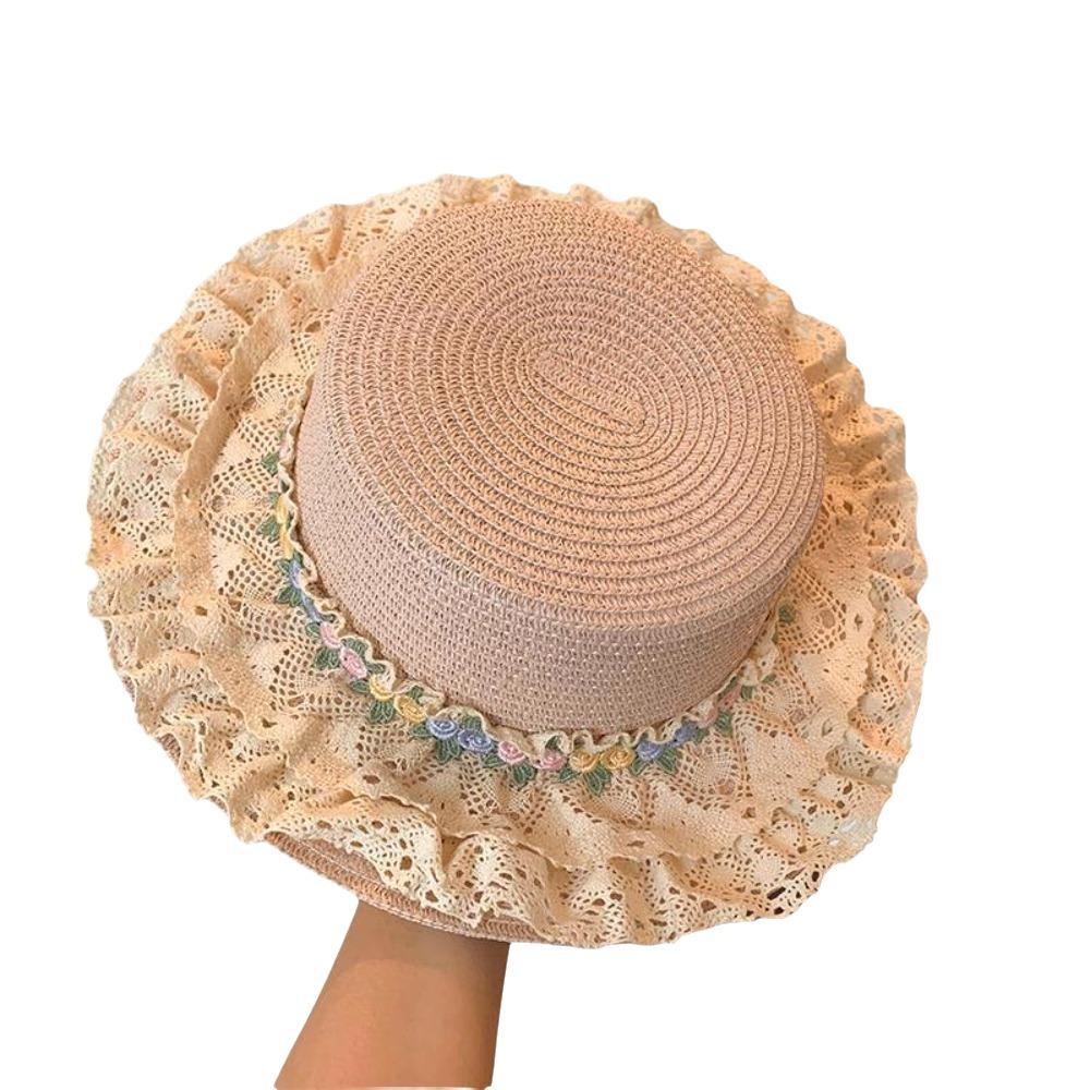 Wide Brim Lace Floral Brim Cap Flat Top Sunscreen Hat Cute Women's Sun Hat  Seaside