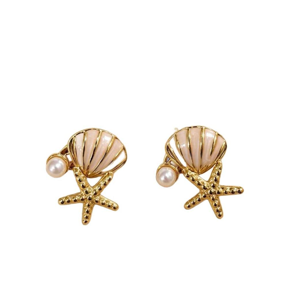 Cross-Border Glazed Starfish & Shell Pearl Stud Earrings - Light Luxury Beach Jewelry