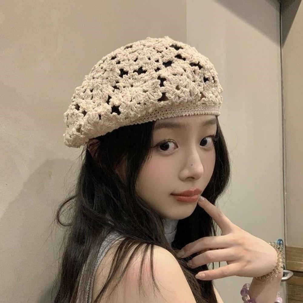Japanese Style Hollowed Out Beret Breathable Crochet Knitted Cap Fashion Flower Hat  Party