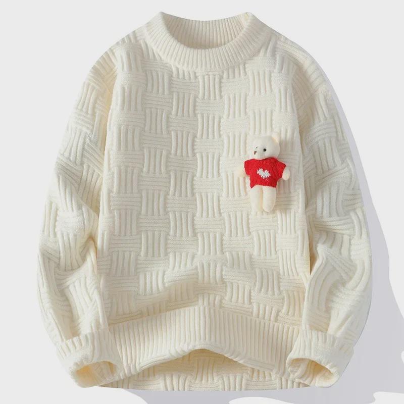 "2024 Men's Red Zodiac Bear Sweater: Autumn/Winter Round Neck with Coarse Twists"