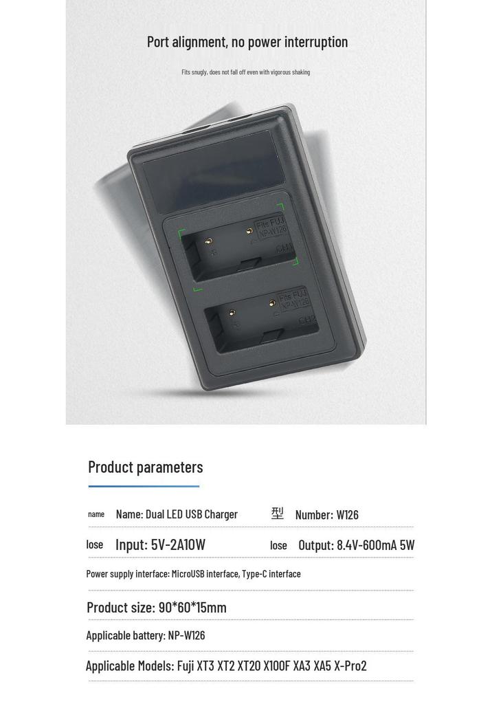 NP-W126 Charger for Fujifilm XT30, X100V, XS10, XT3, XA7, XE4, XPRO3