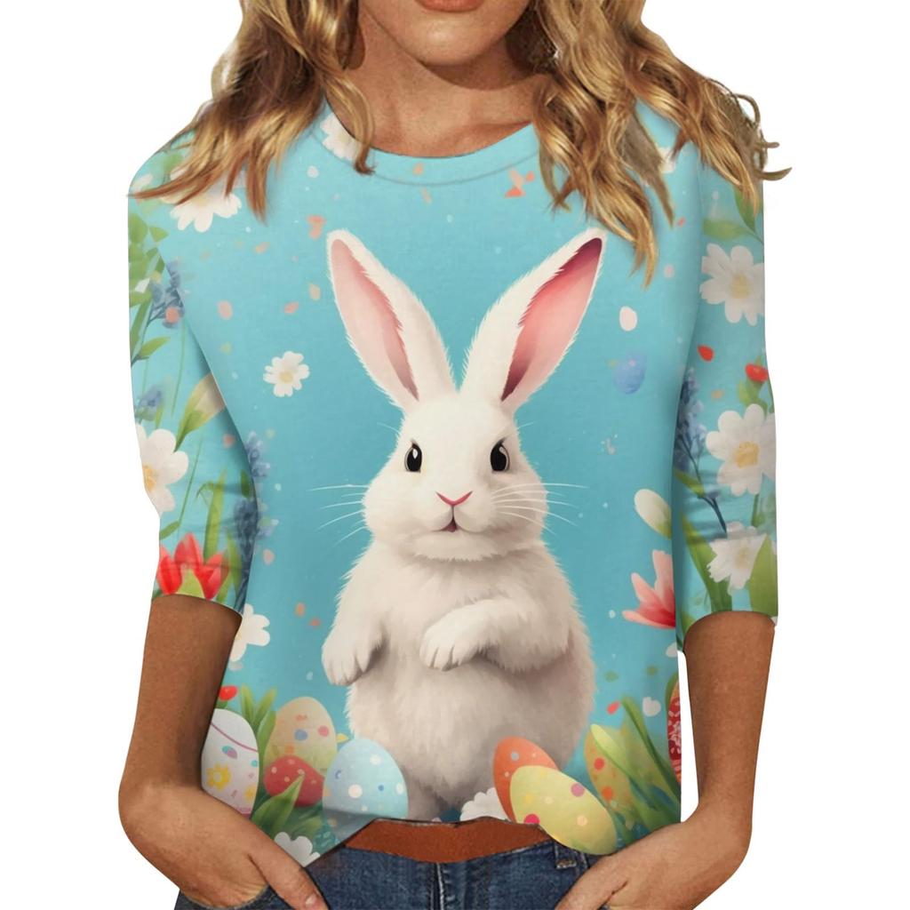Damen Osterhasen T-Shirt Mode Langarm Rundhals Normales Oberteil Feiertagswochenende Print Floral Rot Frühling Herbst Outfit