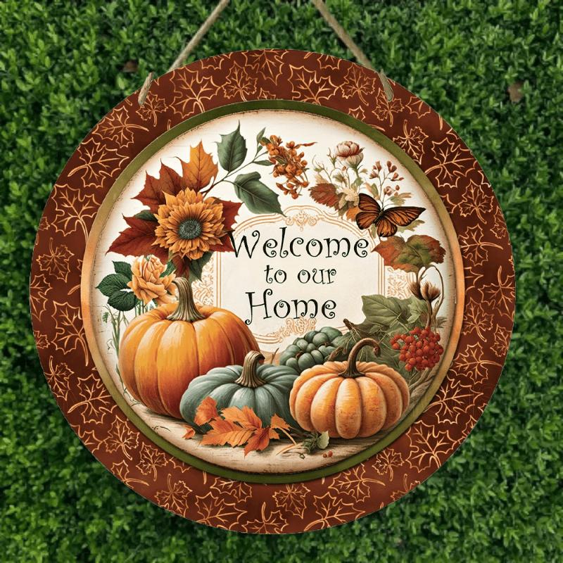 2d Flat 20*20cm, Home Decoration, Autumn Welcome Home, Pumpkin Wooden Circular Logo Creative Decoration Board, for Home, Club, Cafe Bedroom, Bar Decor
