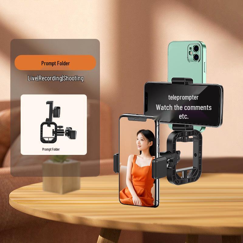 Multi-Angle Mobile Teleprompter and Vlogging Stand with Dual-Sided Phone Clip for Desktop Support