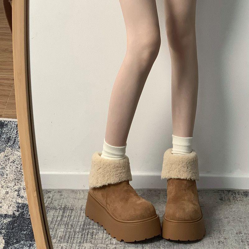 Women's heightened thick-soled snow boots, winter new velvet thickened white simple short boots warm and non-slip cotton shoes