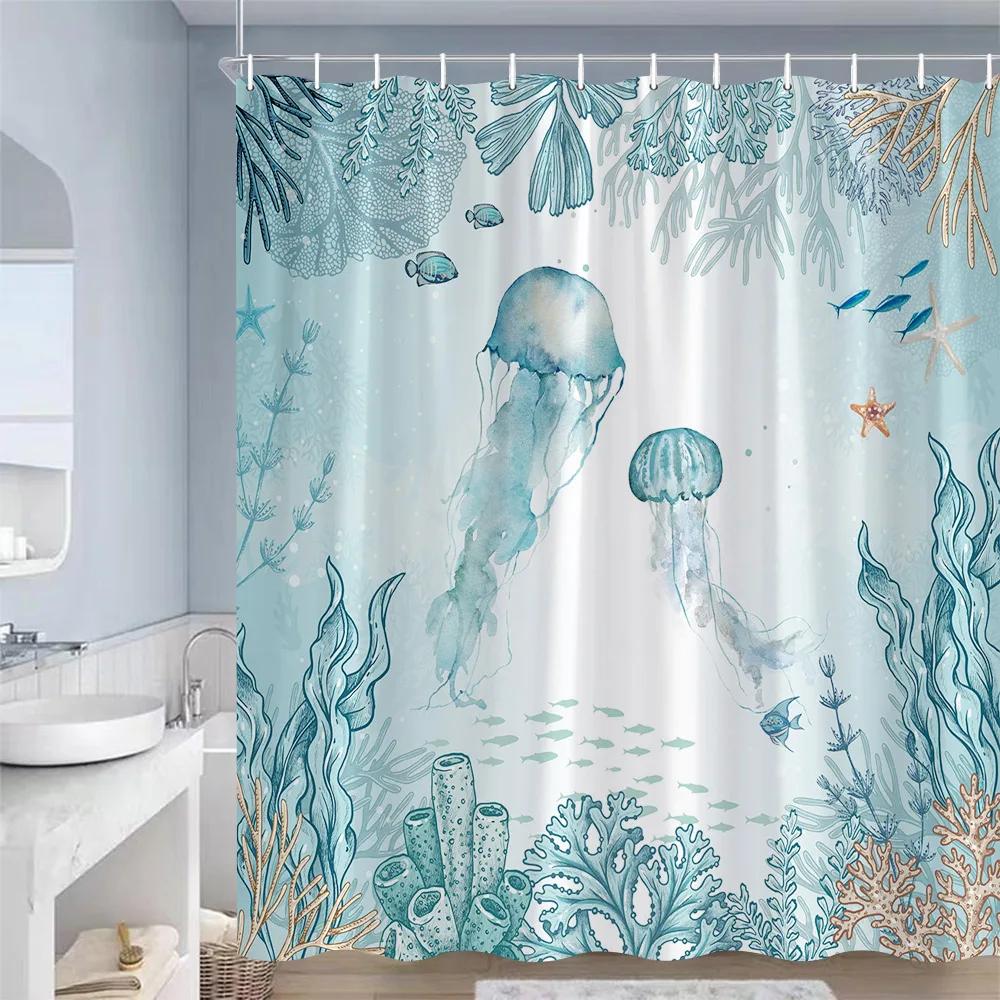 Meereslebewesen Duschvorhang Meeresschildkröten Seesterne Korallen Seetang Unterwasserlandschaft Polyester Badezimmer Vorhang Dekoration mit Haken