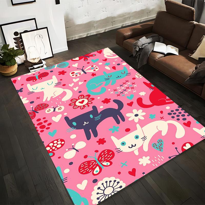 

Cute Cartoon Cats Butterflies Hearts and Flowers Pink Background Carpet Design Suitable for use as an anti-slip1 for1room and bedroom sofas 40x60cm( 15x23in )