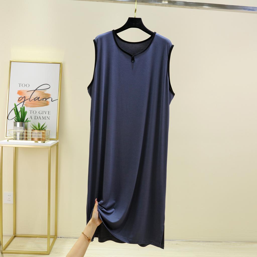 Men Modal Cotton Men Plus Size Night Gown for Summer Solid Color Thin Sleeveless Medium Long Loose Button Vest Style Dress
