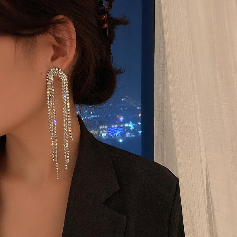 Silver Needle Diamond Fringed Metal Earrings European and American Fashion Long Earrings Light Luxury Personality Design Earrings Women