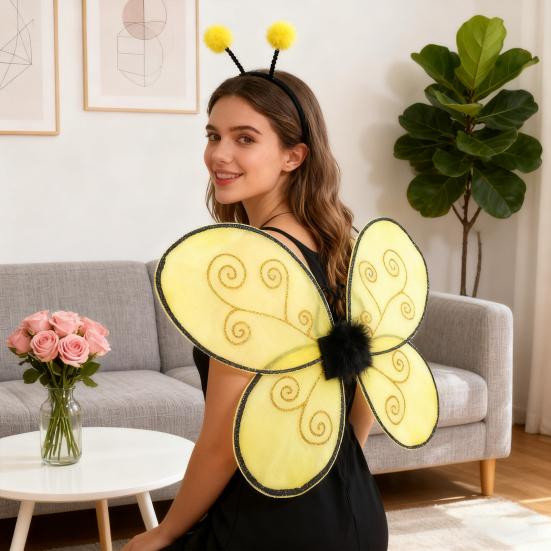 Yousheng Halloween Bee Wing for Kids Boys Girls Yellow Mesh Wing Costume Animal Cosplay Headband for Fantasy Party Accessories