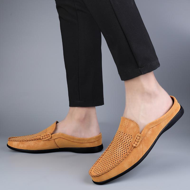Fashion Summer Breathable Shoes Men Fashion Genuine Leather Half Shoes Slip on Moccasins Casual Italian Style Luxury Brand Half Loafers