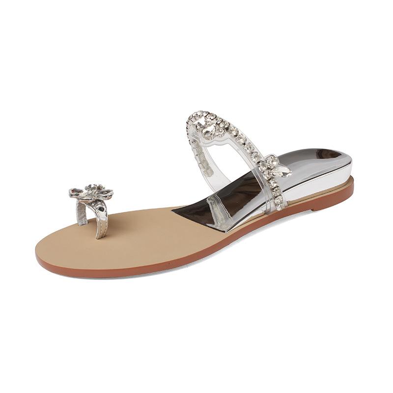 

August popularity~ 2025 summer new soft-soled flower diamond buckle cover toe flat-soled slippers simple rhinestone sandals comfortable 39