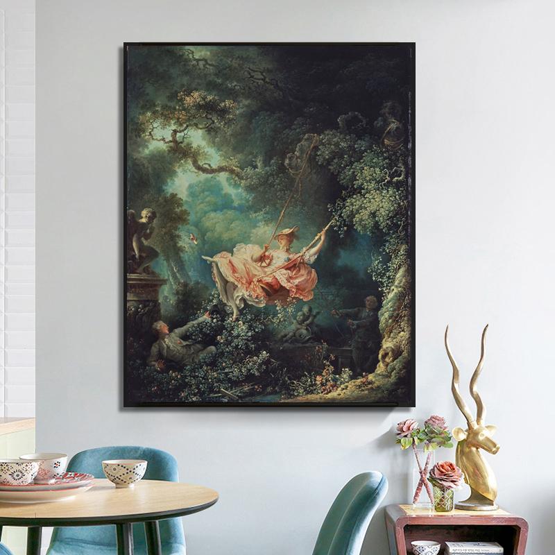 Famoso lienzo rococó, pintura del columpio de Fragonard, póster e impresión, imagen artística de pared para sala de estar, decoración del hogar, sin marco