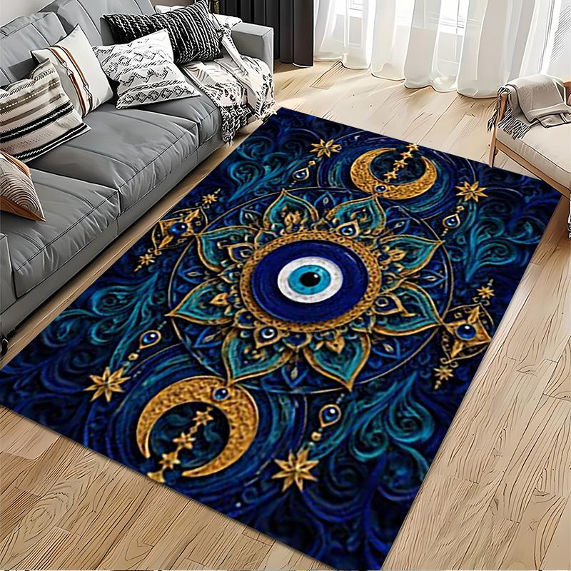 Spiritual Area Rug, Evil Eye Mandala Blue Gold Lotus Poster, Living Room Decor, Non-Slip Mat