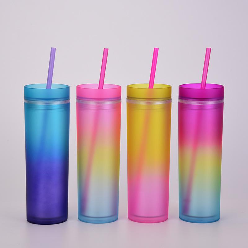 Gradual Change Color Rainbow Color Water Cup Straight Skinny Double Layer Plastic Cup Color Straw Cup