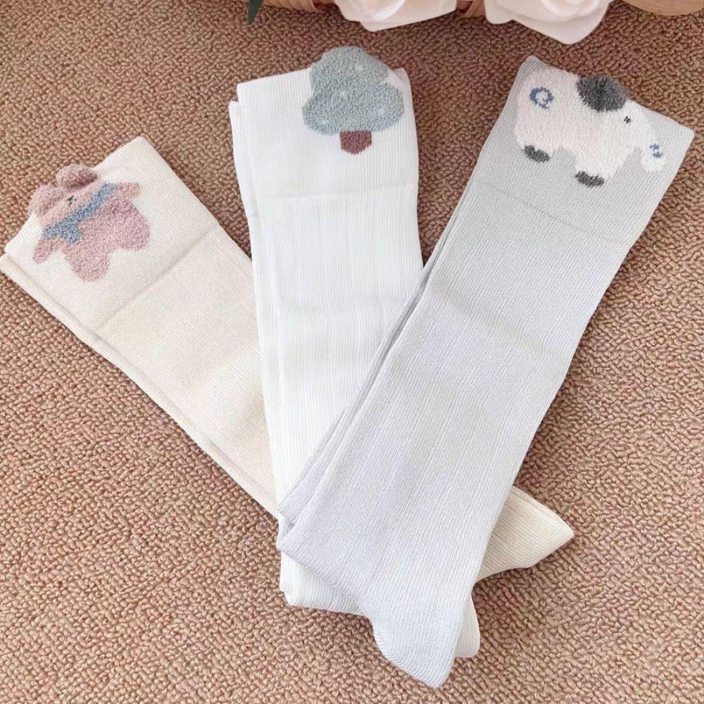 3Pairs Long Tube Calf Socks Baby Stripe Cartoon Above Knee Socks Cute Infant Cotton Stockings  Girls