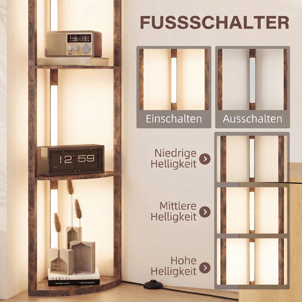 Lampada da Terra a LED con Mensole, 5 Livelli Dimmerabile, Lampada da Terra Moderna con 3 Livelli di Luminosità e Interruttore a Pedale, Marrone Rustico