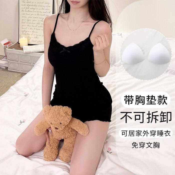 

Modal cotton pajamas with chest pads women s suspender shorts summer lace V-neck solid color loungewear set 160(M)
