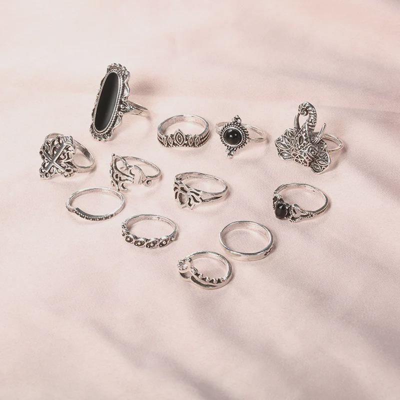 Bohemian Black Gem Elephant 12-teiliges Ringset für Damen